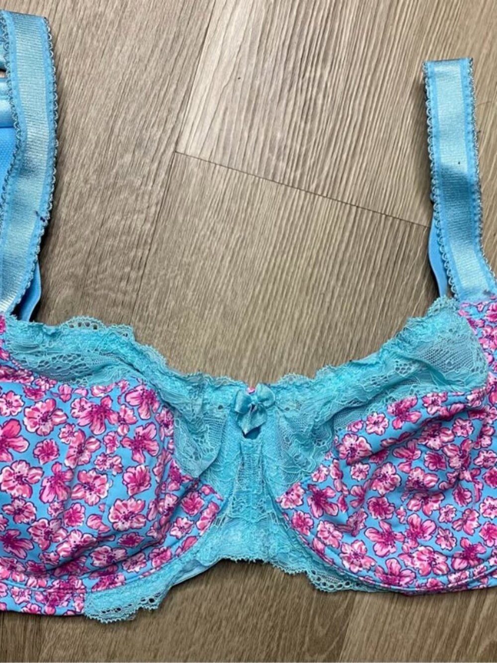 Amoureuse 38DD Aqua Blue Cherry Blossom Lace Underwire Bra | Vibrant Floral